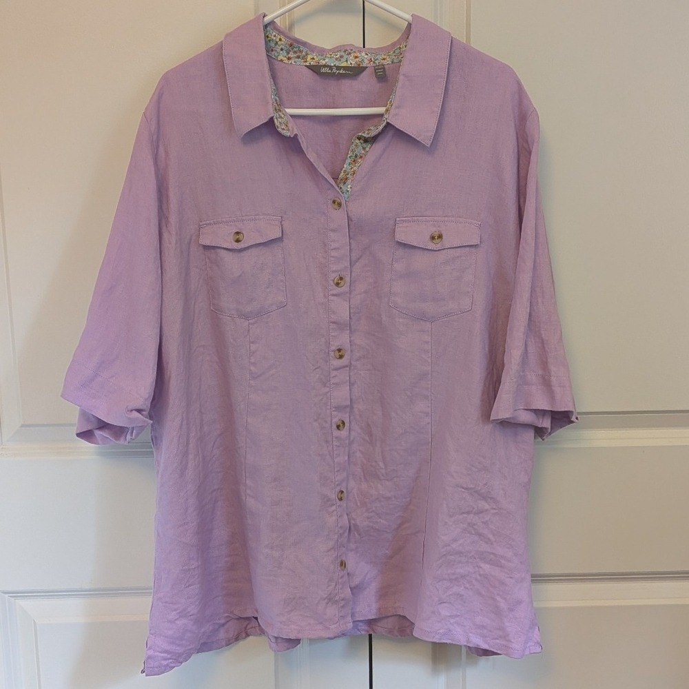 Ulla Popken Lavender 100% Linen Short Sleeve‎ Button Down Shirt Plus Size 20/22